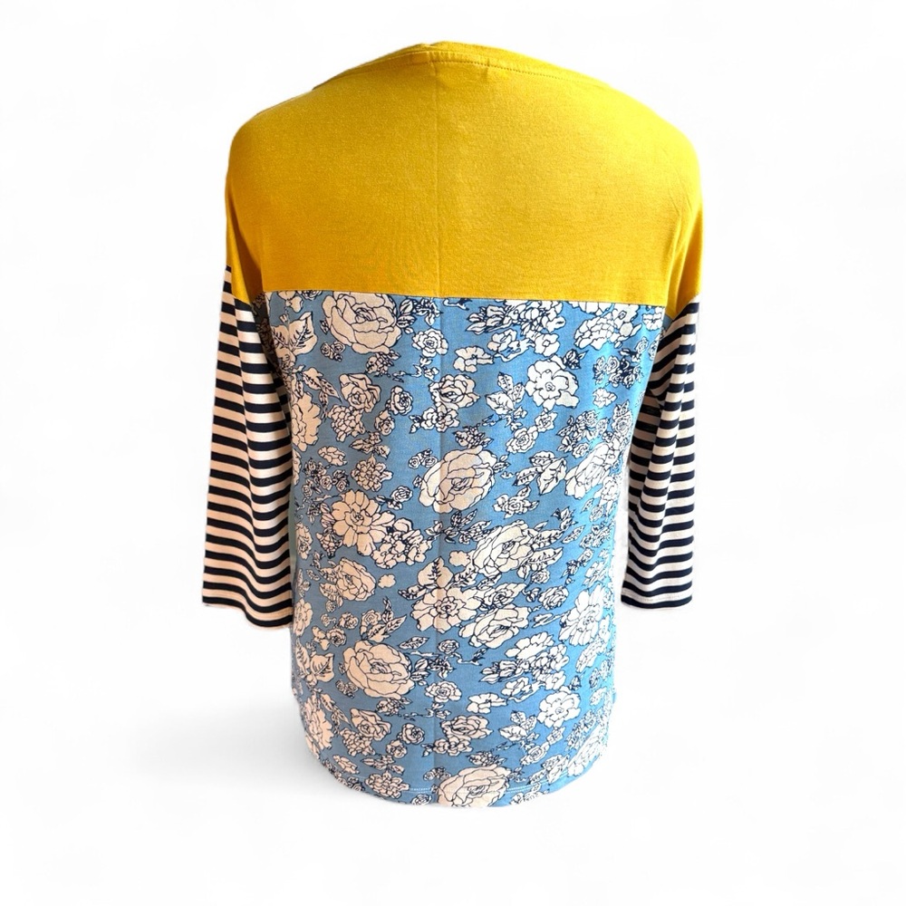 NWOT Colorblock Floral and Striped Long Sleeve Top - Mustard and Blue - Picture 4 of 8